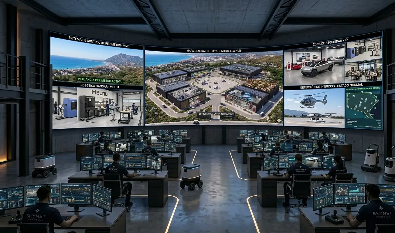Render del centro de control Skynet Core con videowall