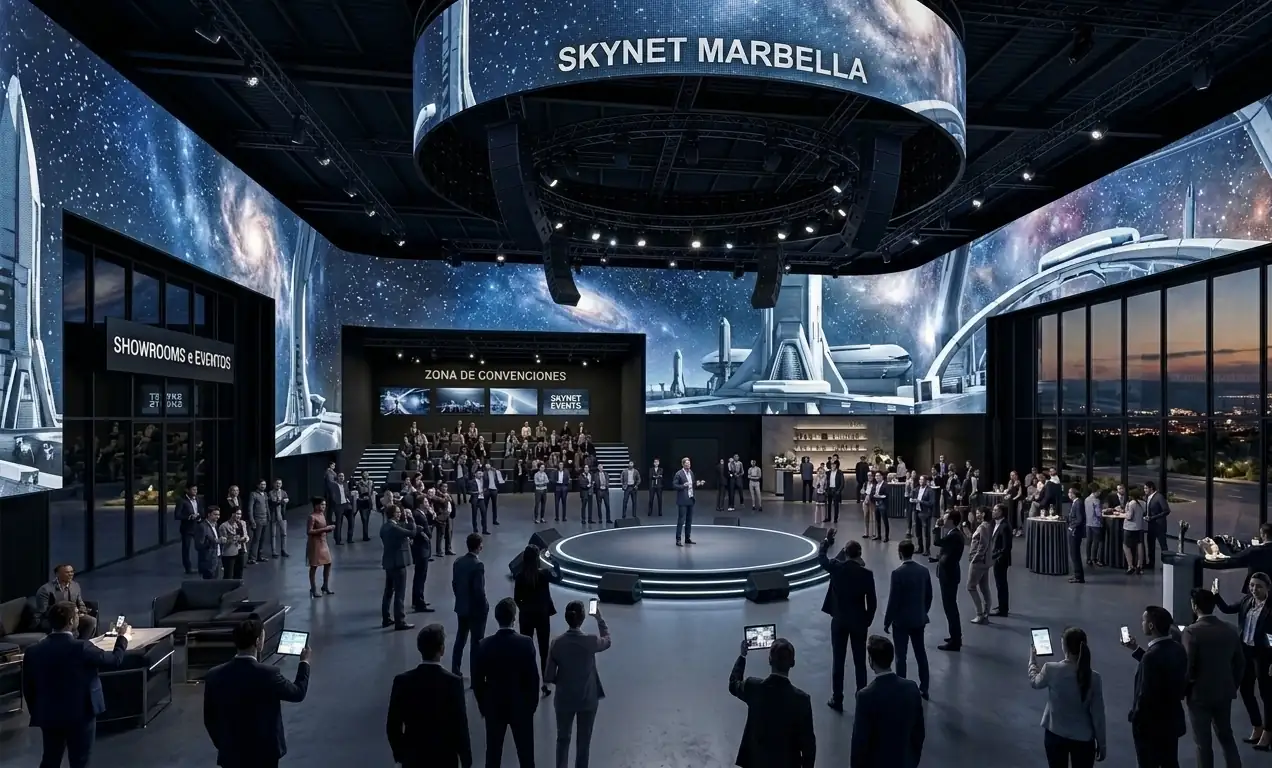 Render de la sala de convenciones de Skynet Marbella con pantalla LED de 360 grados