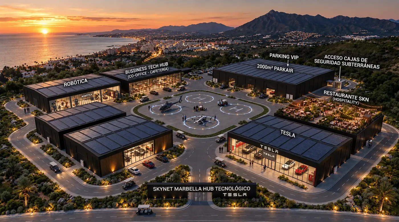 Vista aérea al atardecer del complejo Skynet Marbella con sus siete hangares y helipuertos